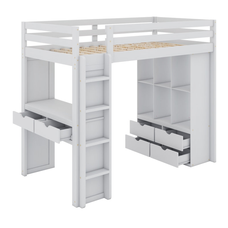 Jaylo Kids Loft Bed with Drawers, White, Twin