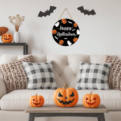 Halloween Ghost Wreath Door Hanger – Wooden Bat, Pumpkin & Ghost Front Door Décor