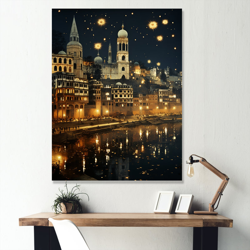 Art indien - Varanasi Ghats - art mural indien, Cadre photo noir, 32" H x 16" W
