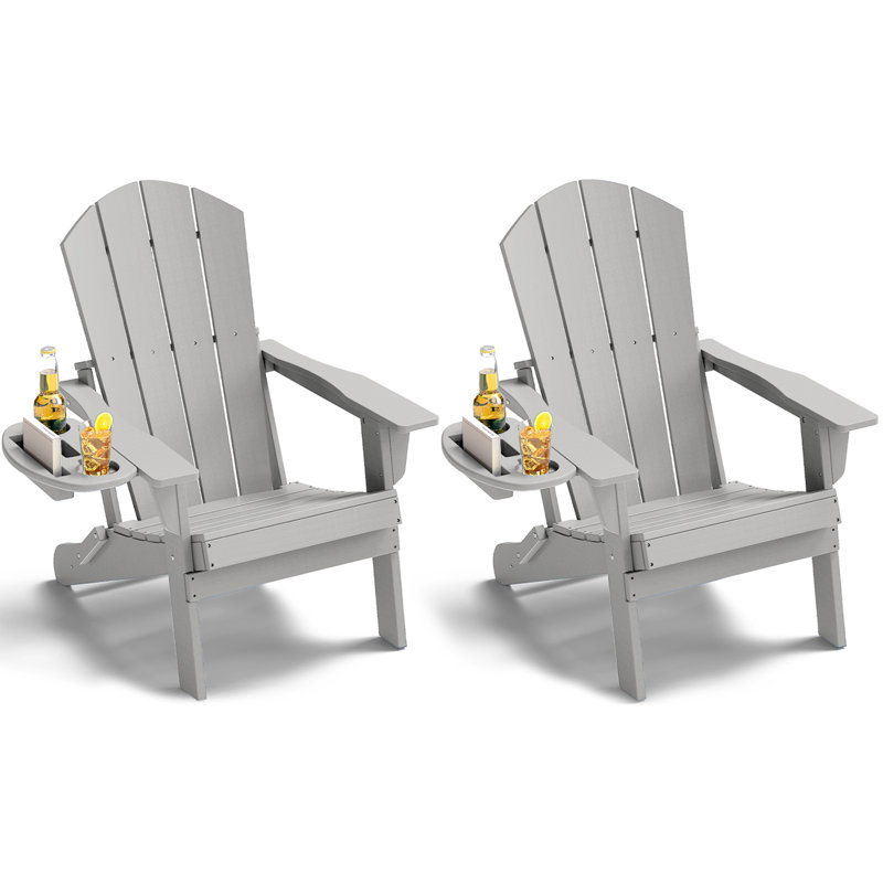 Chaise Adirondack pliante en PEHD avec porte-gobelet résistant aux intempéries, Blanc gris