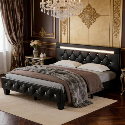 Queen Size Bed Frame With LED Light And Charging Station, Faux Leather Upholstered Platform Bed With Handcrafted Crystal Button Adjustable Headboard, No Box Spring Needed, Solid Wooden Slats, Black
