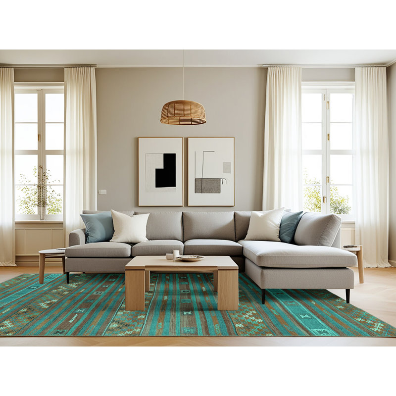 Tapis bleu sarcelle tissé à la machine Jarnail, Rectangle 8 pi x 12 pi