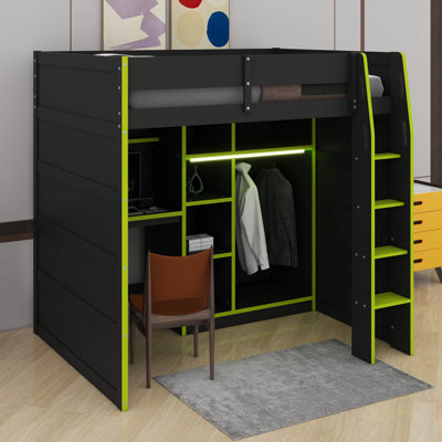Designs Modern Full Size Gaming Wood Loft Bed With Desk And Open Wardrobe, Wood Loft Bed Frame With Storage Compartments And RGB Lights