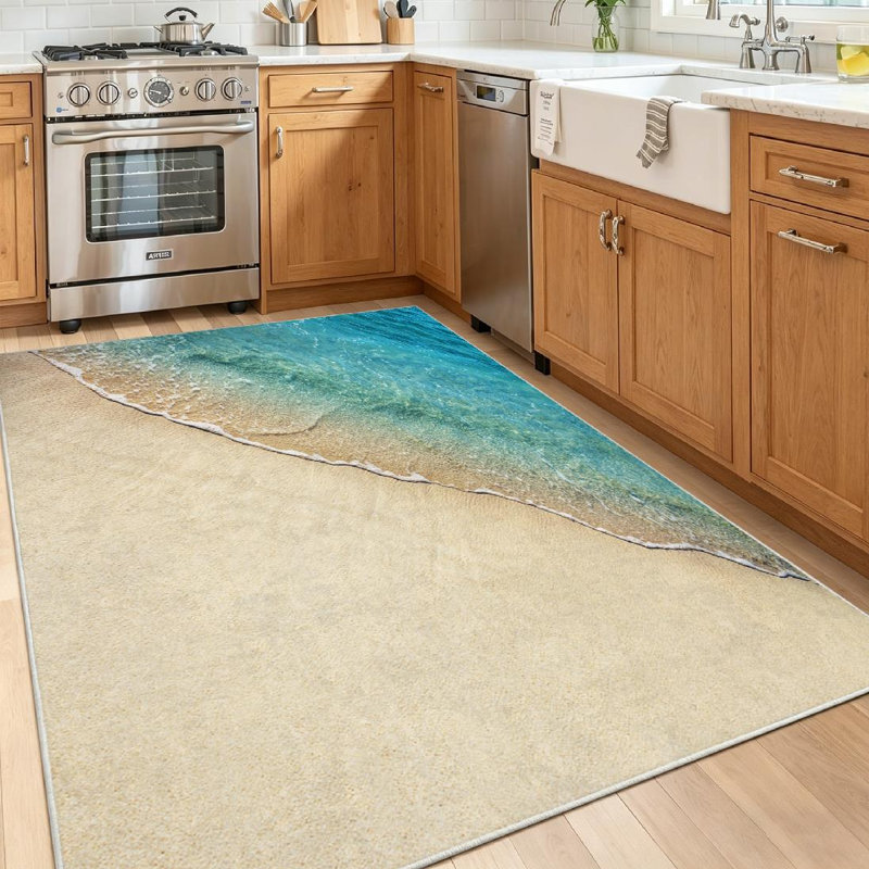 Blue Soft Wave Ocean Sandy Beach Sand Sea Aqua Calm Coast Machine Washable Indoor Area Rug, Rectangle 55" x 79"