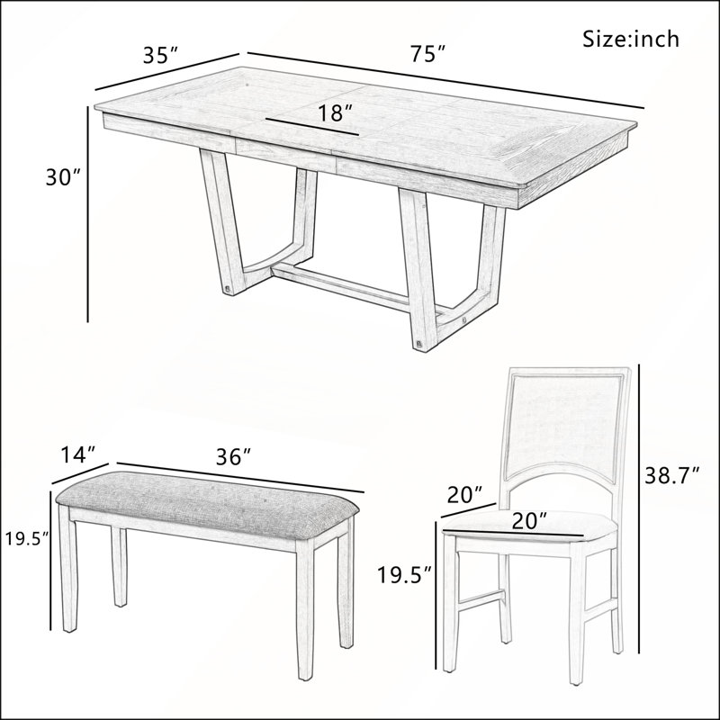 Ensemble de salle à manger extensible 6 pièces avec rallonge amovible de 18 pouces, chaises rembourrées et long banc Topmax