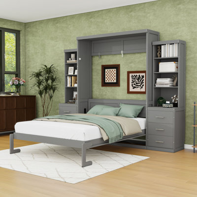 Multifunctional Wood Murphy Bed with Built-In Storage Drawers and Sturdy Shelves
