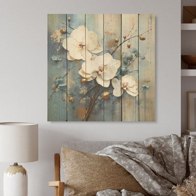 Orchidée blanche, chuchotement symphonique - orchidées, art sur bois de pin naturel