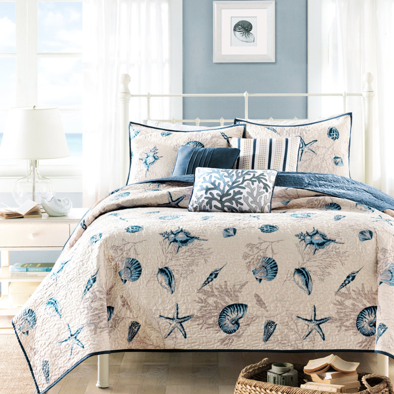 Twin/Twin Xl Quilt - Blue Microfiber And Coral Motifs Reversible Bedding With, Twin Quilt + 4 Additional Pieces
