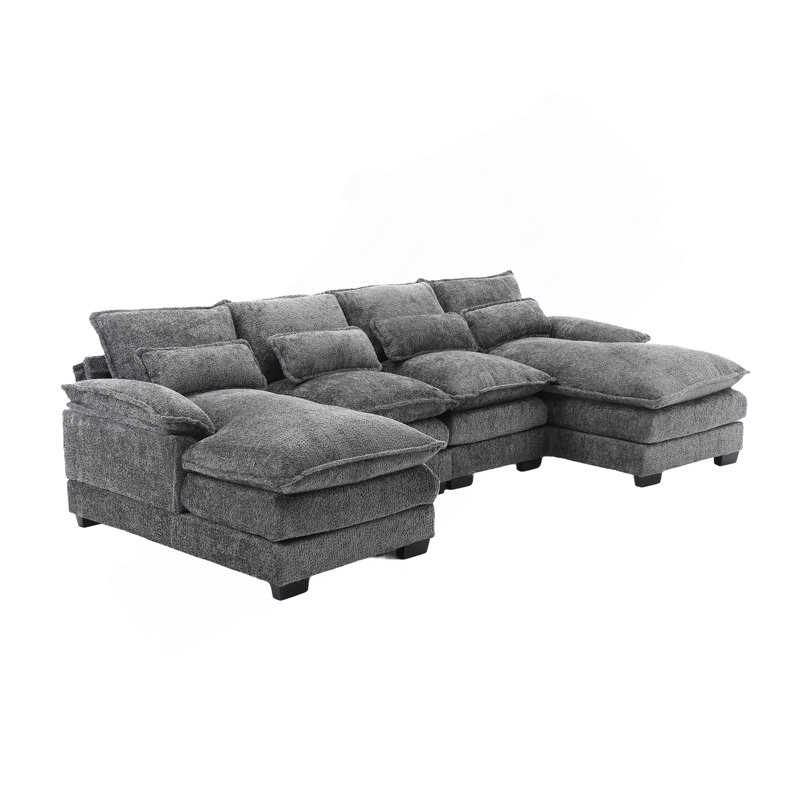 Modern Large Chenille Fabric U-Shape Sectional Sofa, Gray Boucle