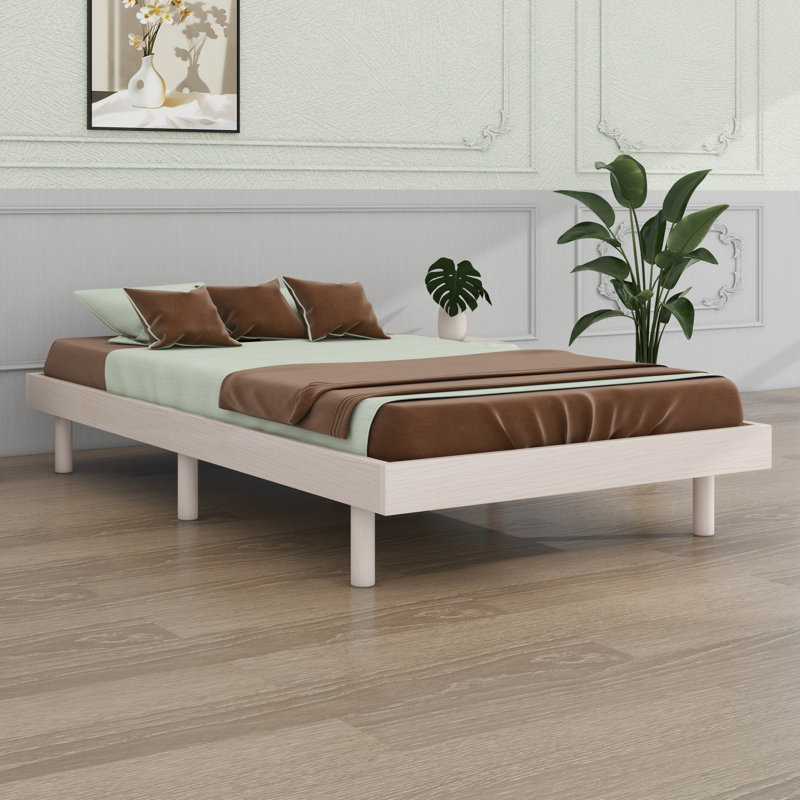 Modern Design Floating Platform Bed Frame, White Washed