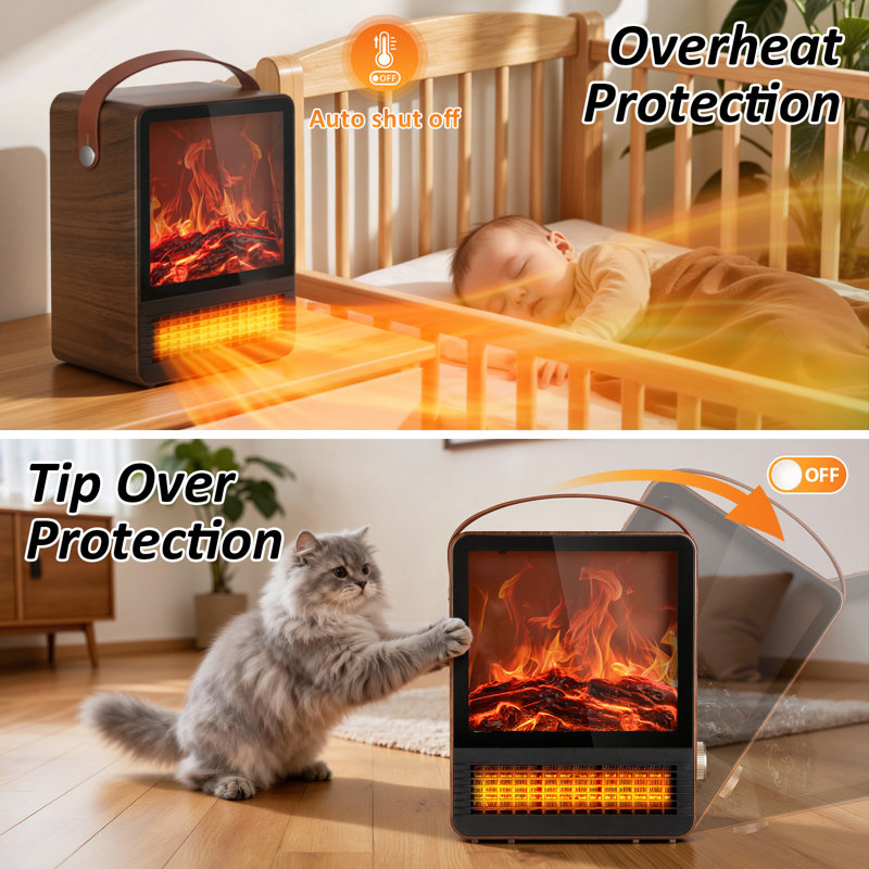 Portable Electric Fireplace Heater with 3D Realistic Flame, 800W/1500W Heat, Manual Temp Adjust, Compact for Bedroom, Living Room, Ideal for Homeowners & Office Workers