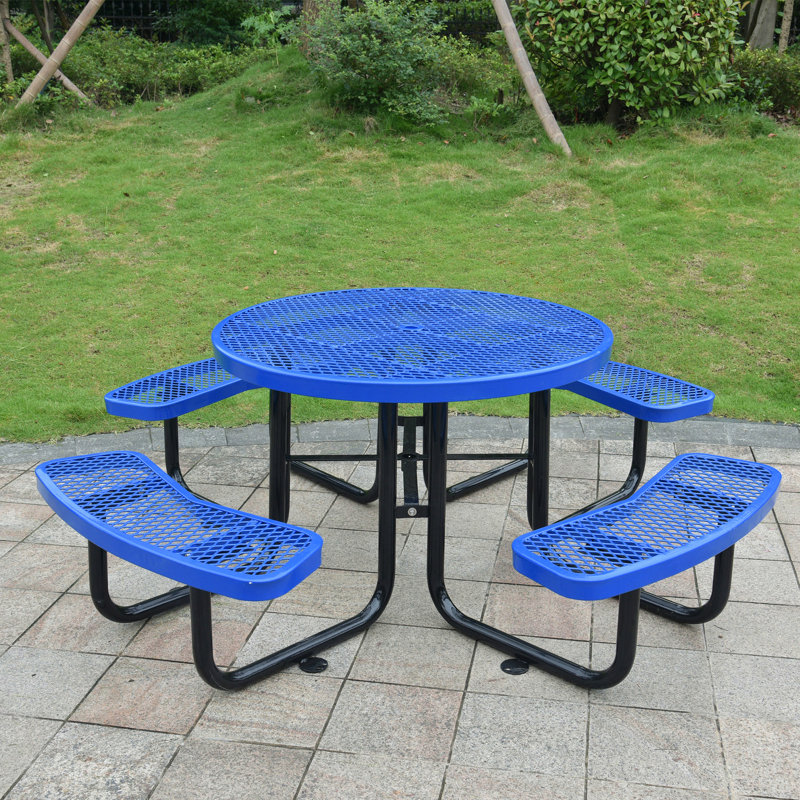 Table de pique-nique ronde en acier 46 po avec mât de parasol, Bleu