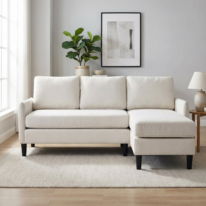 Upholstered  Sectional Sofa With Chaise, Beige Linen Blend