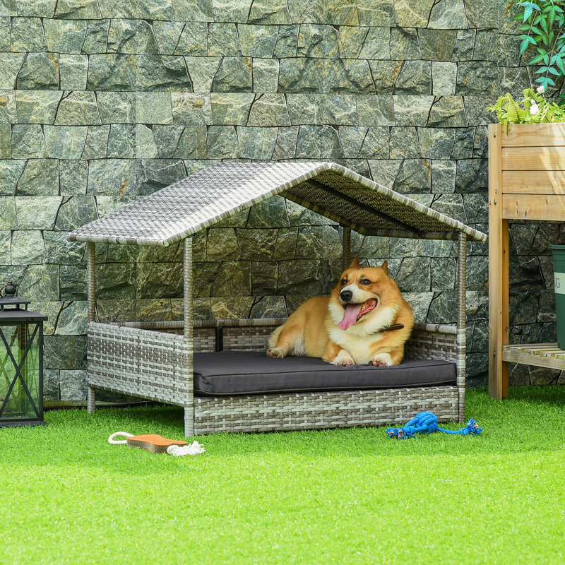Niche pour chien en rotin avec coussin imperméable PawHut Wicker, H 27,5 po x l 27,25 po x P 38,5 po, Gris clair / noir