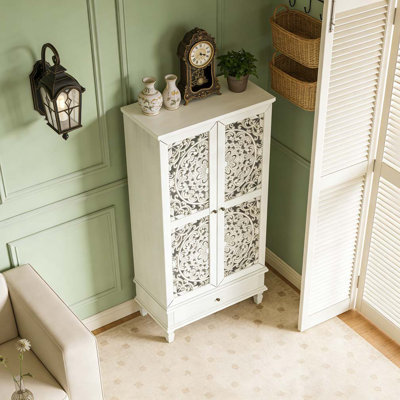 Armoire de rangement rustique avec tiroir et pieds en bois massif sculpté