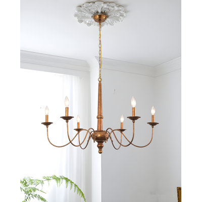 Lustre 6 lumières style campagne française en laiton antique vieilli