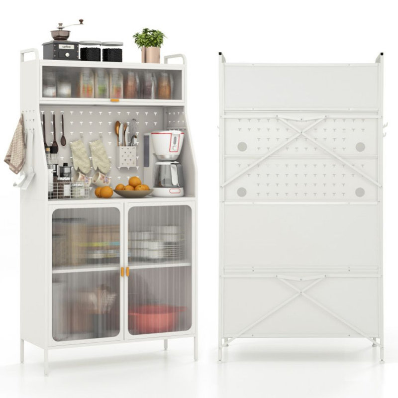 Lark Manor 5-Tier Metal Baker's Rack Kitchen Pantry Cabinet W/ See-Through Flip-Up Door Pegboard Adjustable Shelf White