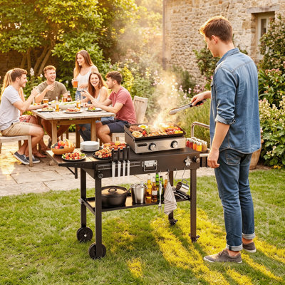Chariot de barbecue extérieur pour plaque chauffante Blackstone avec plateau de table de 31 po x 17 po, plateau latéral