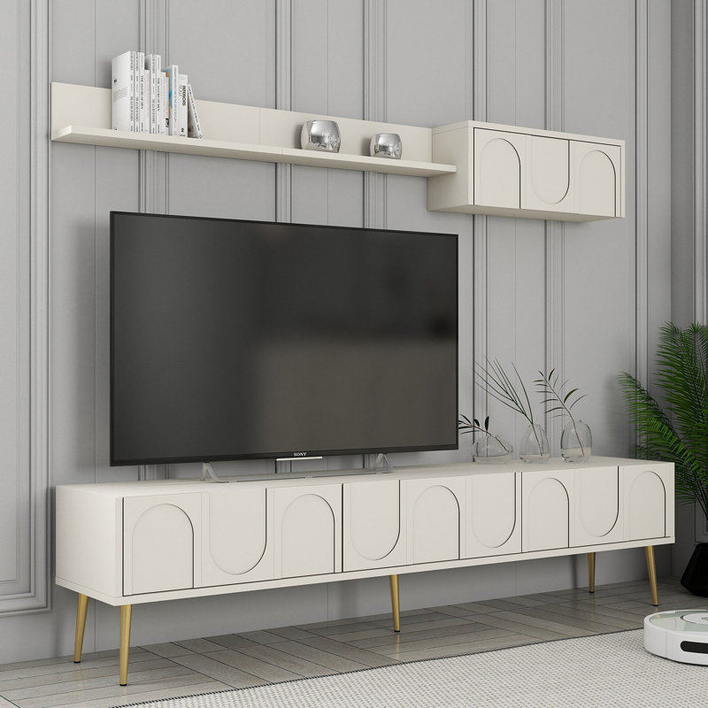 Ensemble de télé moderne et tablette murale, crème et or, 70,9 x 16,9 x 13,8 pouces | 100% panneau de particules enduit de mélamine, épaisseur: 0,7 pouce | Nombreuses tablettes murales au design géométrique élégant pour le salon et les espaces de divertissement