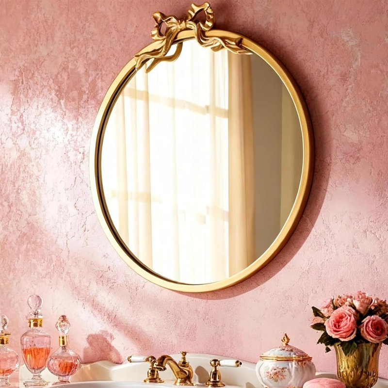 Vintage Round Gold Bow Mirror 21"X20" Antique Bathroom Vanity Mirrors Antique Metal Ornate Circle Wall Mirror, Baroque Style Bow Decor For Home Table, Bedroom, Living Room, Hallway