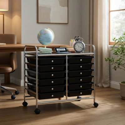  Chariot de rangement roulant à 12 tiroirs avec roues verrouillables, structure en acier robuste, tiroirs en plastique pour la maison, le bureau et le garage, noir