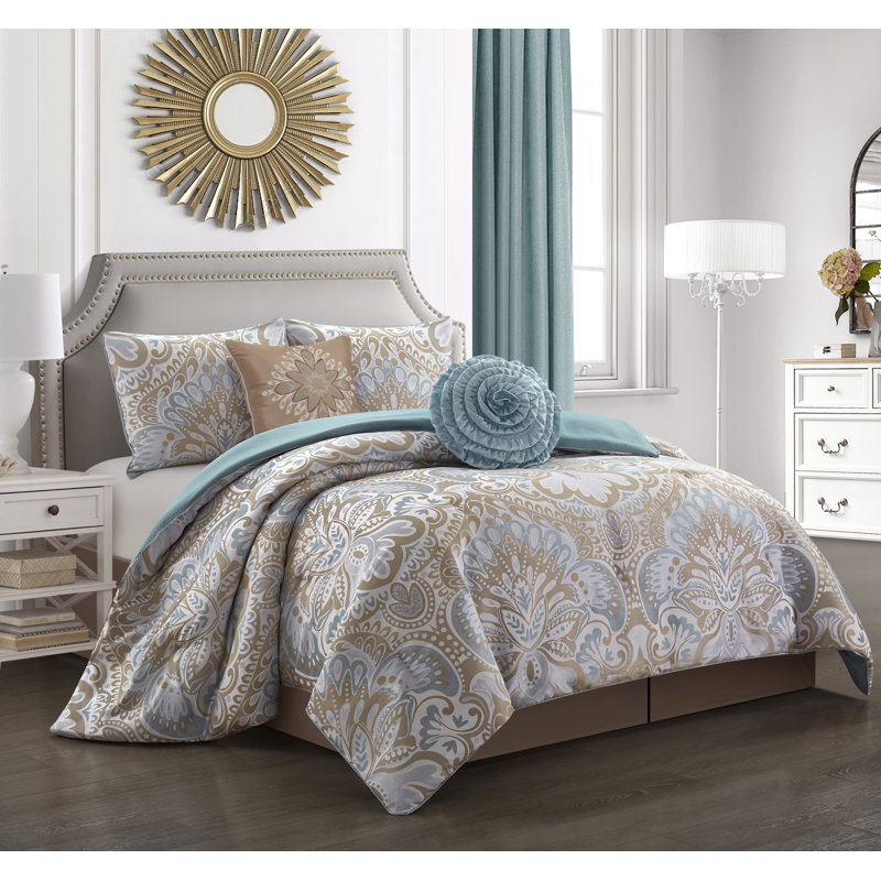 Ensemble d'édredon réversible en microfibre 6 pièces Amelia, Édredon de grande taille et 6 pièces supplément, Bleu/doré