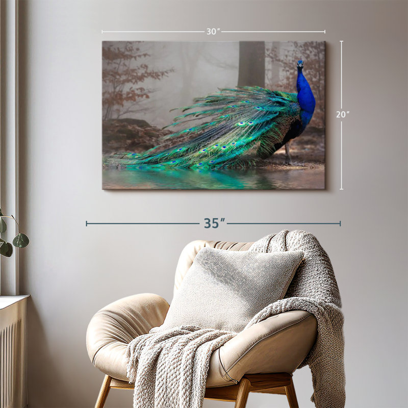 Élégant paon bleu sur toile, H 20 po x l 30 po