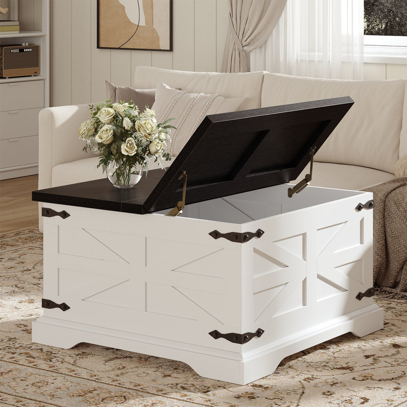 Farmhouse Coffee Table, Square Wood Center Table with Storage and Lift Top, Metal Corners for Living Room,, Black/White