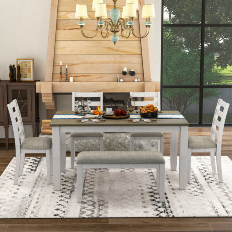 Rustic Style 6-Piece Dining Room Table Set, Gray, Whitewash/Gray