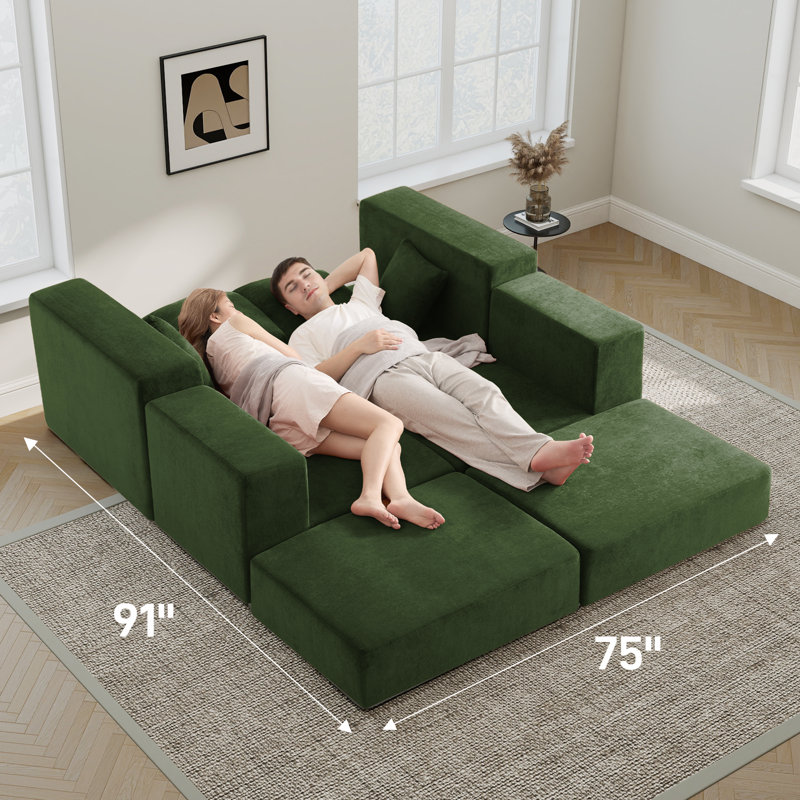 Canapé modulaire escamotable en velours avec repose-pieds Boneless, Velours vert