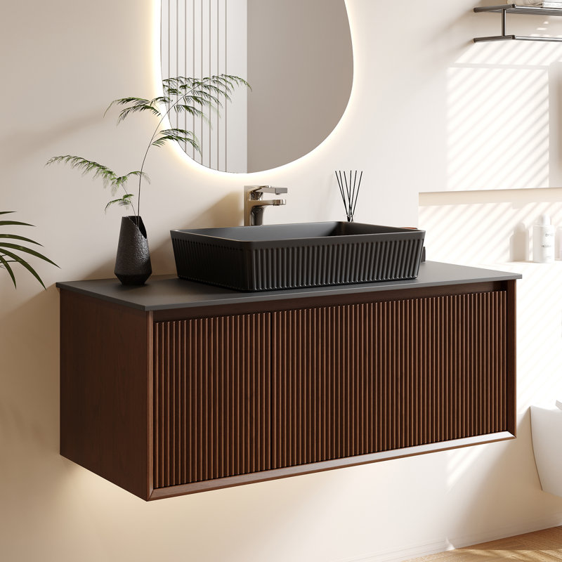 Modern 35.4" Single Bathroom Vanities,Floating Vanitiy With White Table Top, Solid Wood Cabinet, Pre-Assembled, Black