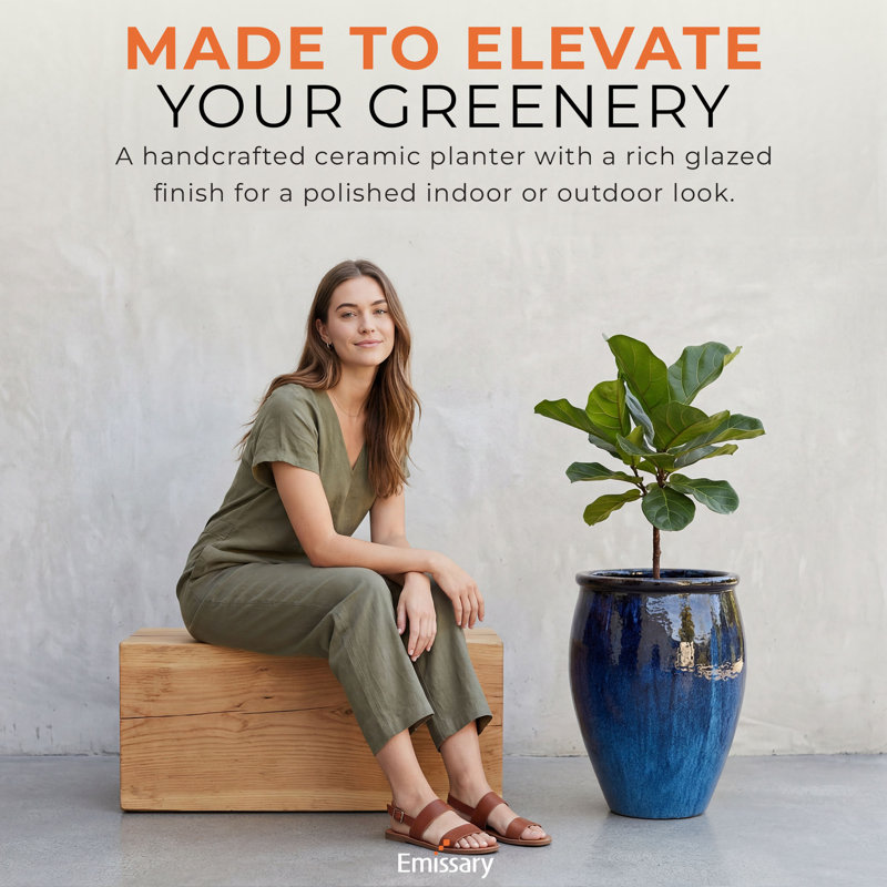 Lip Ceramic Pot Planter, 27" H x 19" W x 19" D, Quin Blue