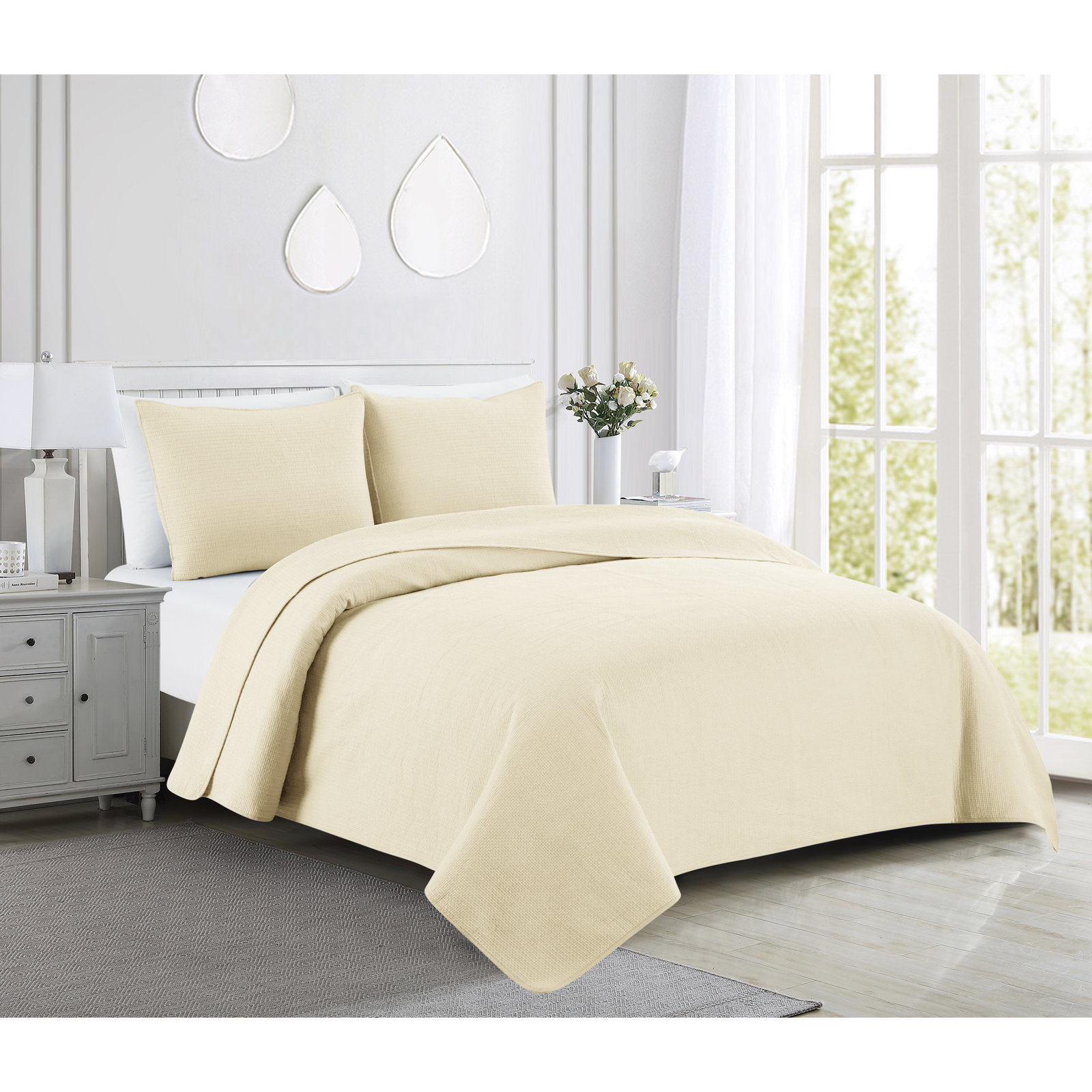 Sedna Cotton Quilt Set, Ivory, Queen Quilt + 2 Queen  Shams