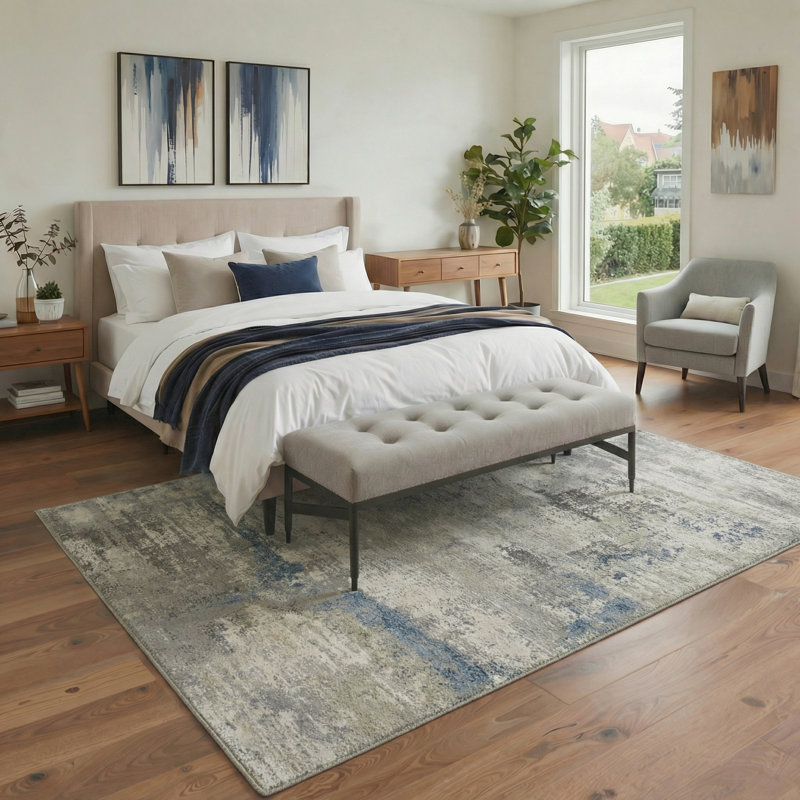 Mignone Abstract Watercolor Wash Machine Washable Dusty Azure Indoor Area Rug With Non-Slip Backing, Rectangle 6' x 9'