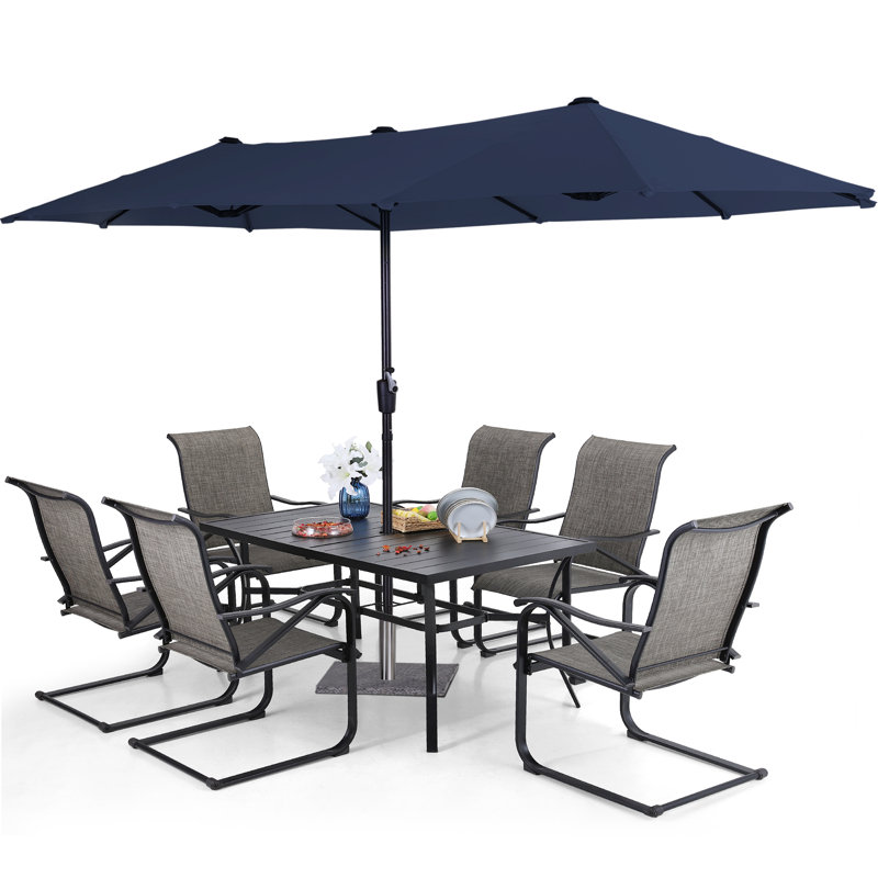 Ensemble de salle à manger rectangulaire pour 6 personnes 60 po avec parasol Aivo, Bleu marine