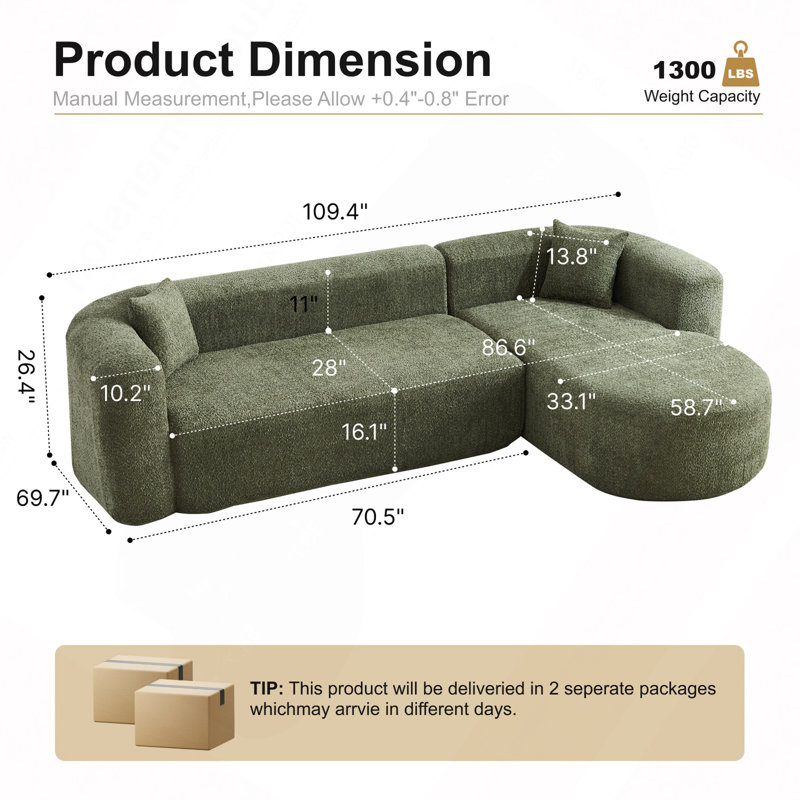 Canapé modulaire de 109,4 po avec méridienne et canapé modulaire désossé, Tissu vert