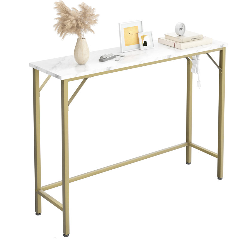 Narrow Console Table with Power Outlets and USB Ports in  Tone and Gold - Adjustable Feet for Entry Area or Sofa Side