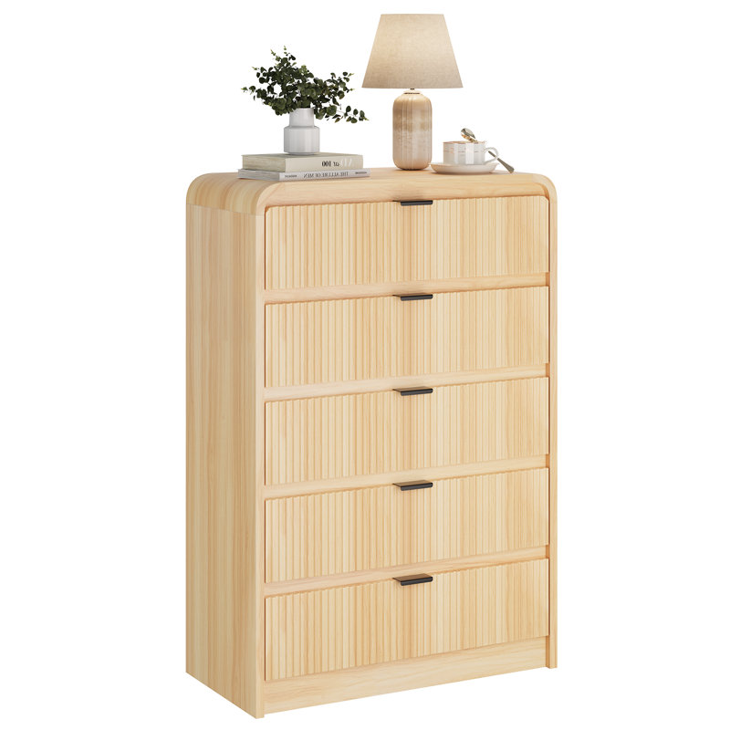 Fluted 5 Drawers Dresser for Bedroom, 48" Tall Wooden Modern Dresser with Metal Handle, Curved Profile Design, Storage Organizer for Living Room, Hallway (Natural Oak)