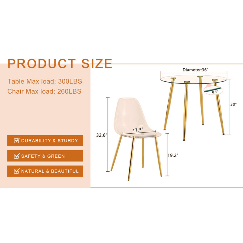 table ronde ronde en verre trempé avec pieds en métal doré, jumelée à 4 chaises de salle à manger transparentes, Blanc