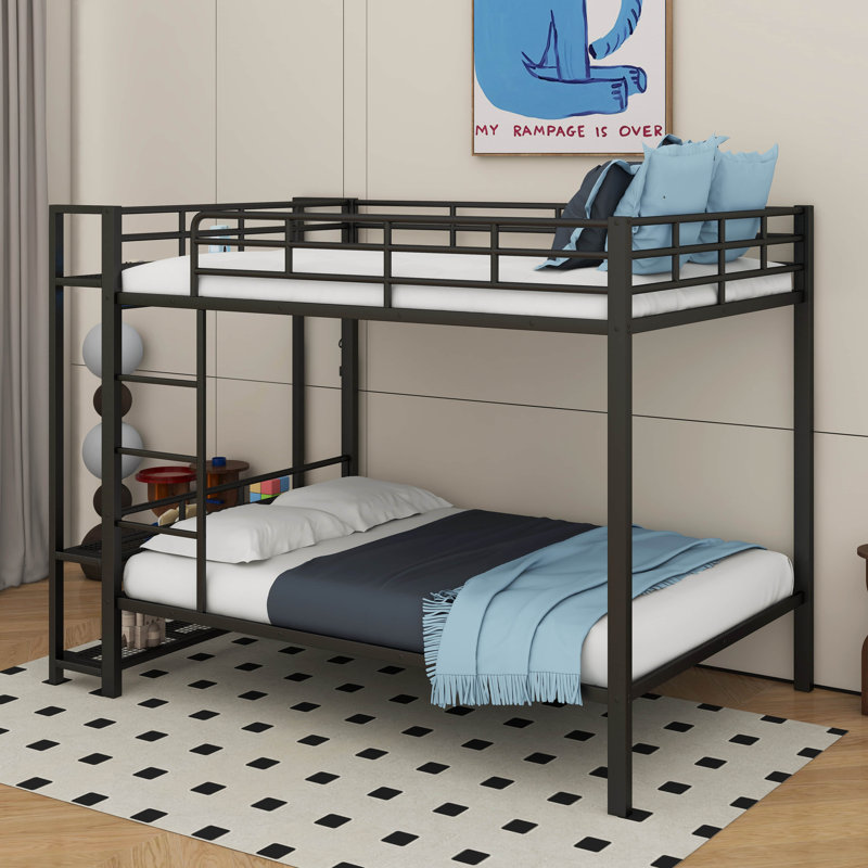 Full Size Metal Bunk Bed With Storage Mesh Shelves And Clothes Hooks,LED Light, Black