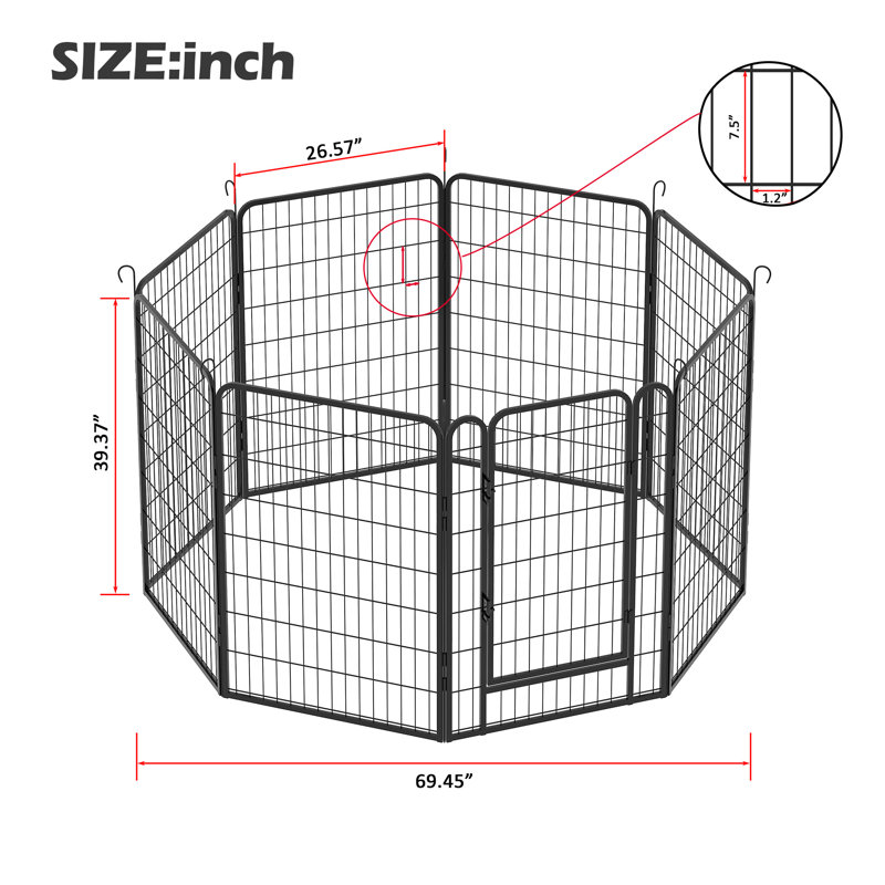 Enclos d'exercice en fer 8 panneaux avec porte, H 39,37 po x l 69,45 po