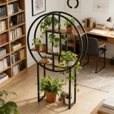Modern Half Moon Plant Stand With Circle Shelves - 4Ft 3In Tall Indoor Plant Shelf For Vertical Gardening, Sturdy Steel Frame And Wood Shelves Holds 100 Lbs