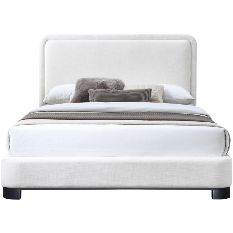 Nolita Tilman Solid Wood Upholstered Platform Bed, King, Cream Linen Textured Fabric / Stained Black