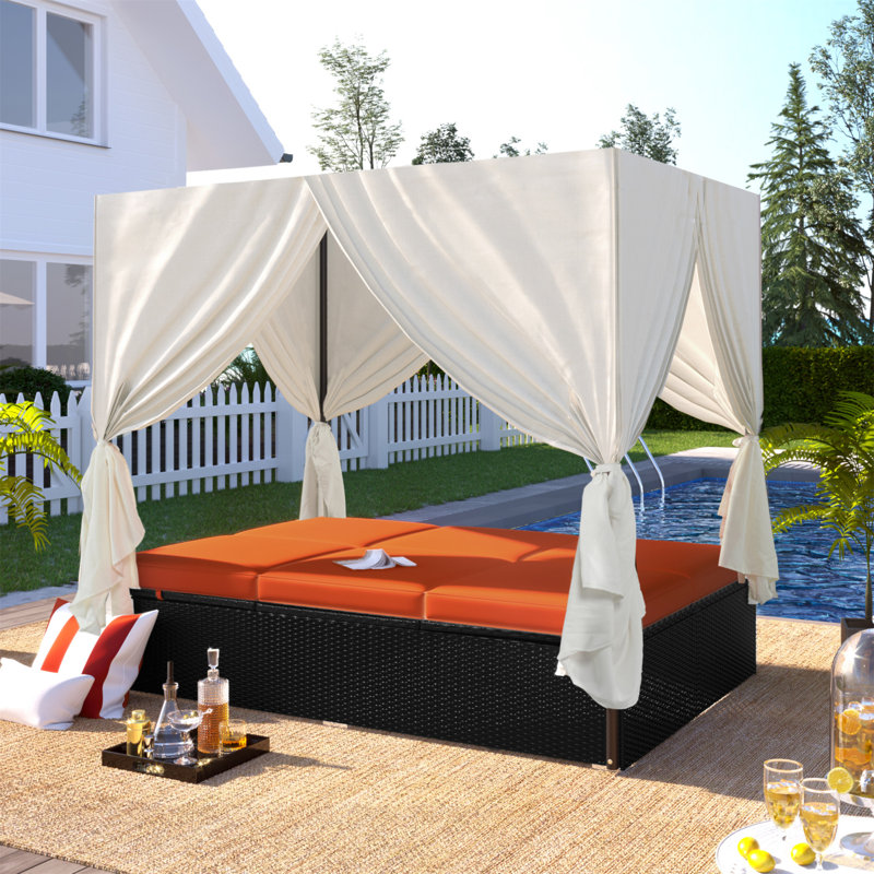 Luxueux lit de bronzage d'extérieur en osier avec coussins réglables pour une détente ultime, Orange