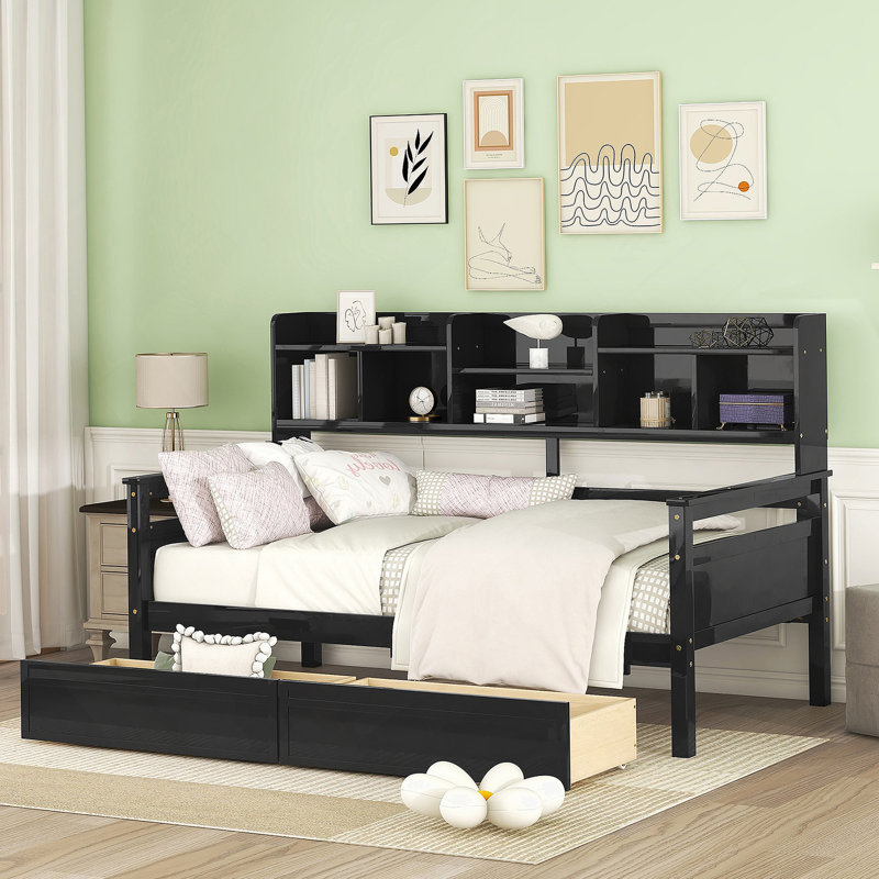 Daybed, Wood Slat Support, with Bedside Shelves and Two Drawers, Twin, Espresso