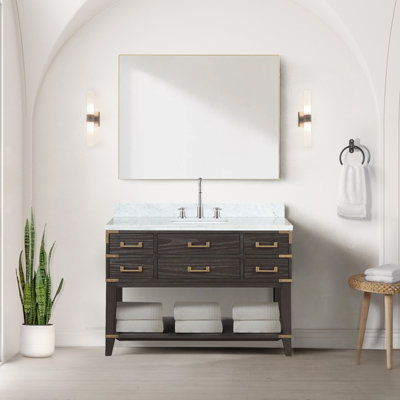Brown Oak Single Bath Vanity 48 In. W X 22 In. D, Carrara Marble Top, And Faucet Set