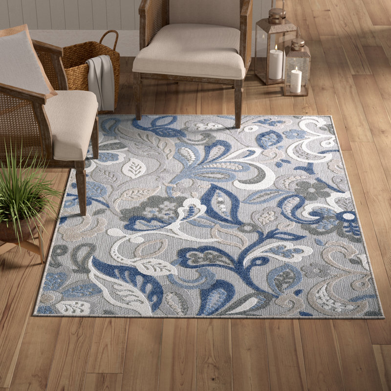 Tapis d'intérieur / extérieur Gahanna, Rectangle 5 pi 3 po x 7 pi, Gris te bleu