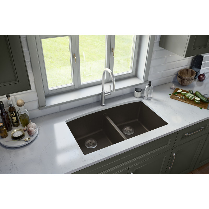 Karran Quartz 32-1/2'' X 19-1/2'' Double Bowl 50/50 Undermount Kitchen Sink Kit, Brown