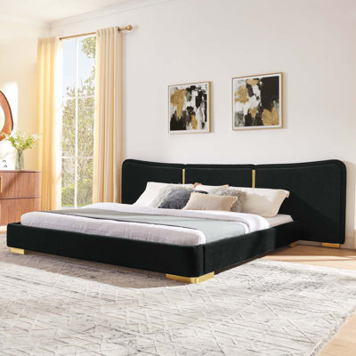 Extra Large Platform Bed,Soft Chenille Fabric Frame,Curved Headboard, Reinforced Electroplated Metal Legs,Flexible DIY Side Space Design