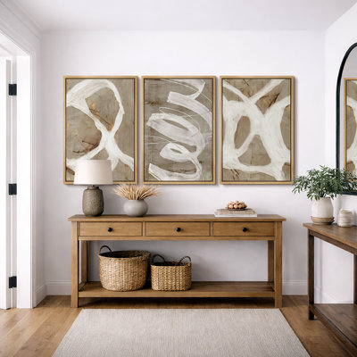 Pastel Tan Brown Green Neutral Modern Artwork  Abstract Picture Framed Canvas 3 Piece Print Wall Art